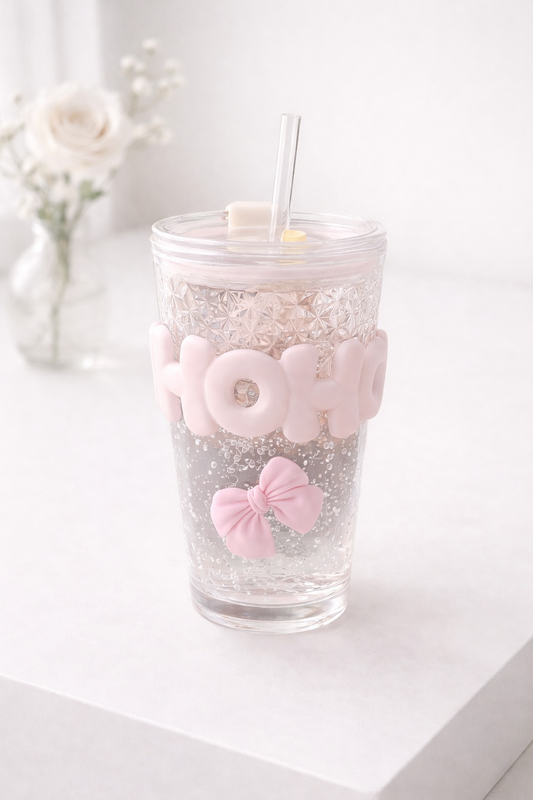 🧋 Glass Mug with Straw & 🎀- 450ml