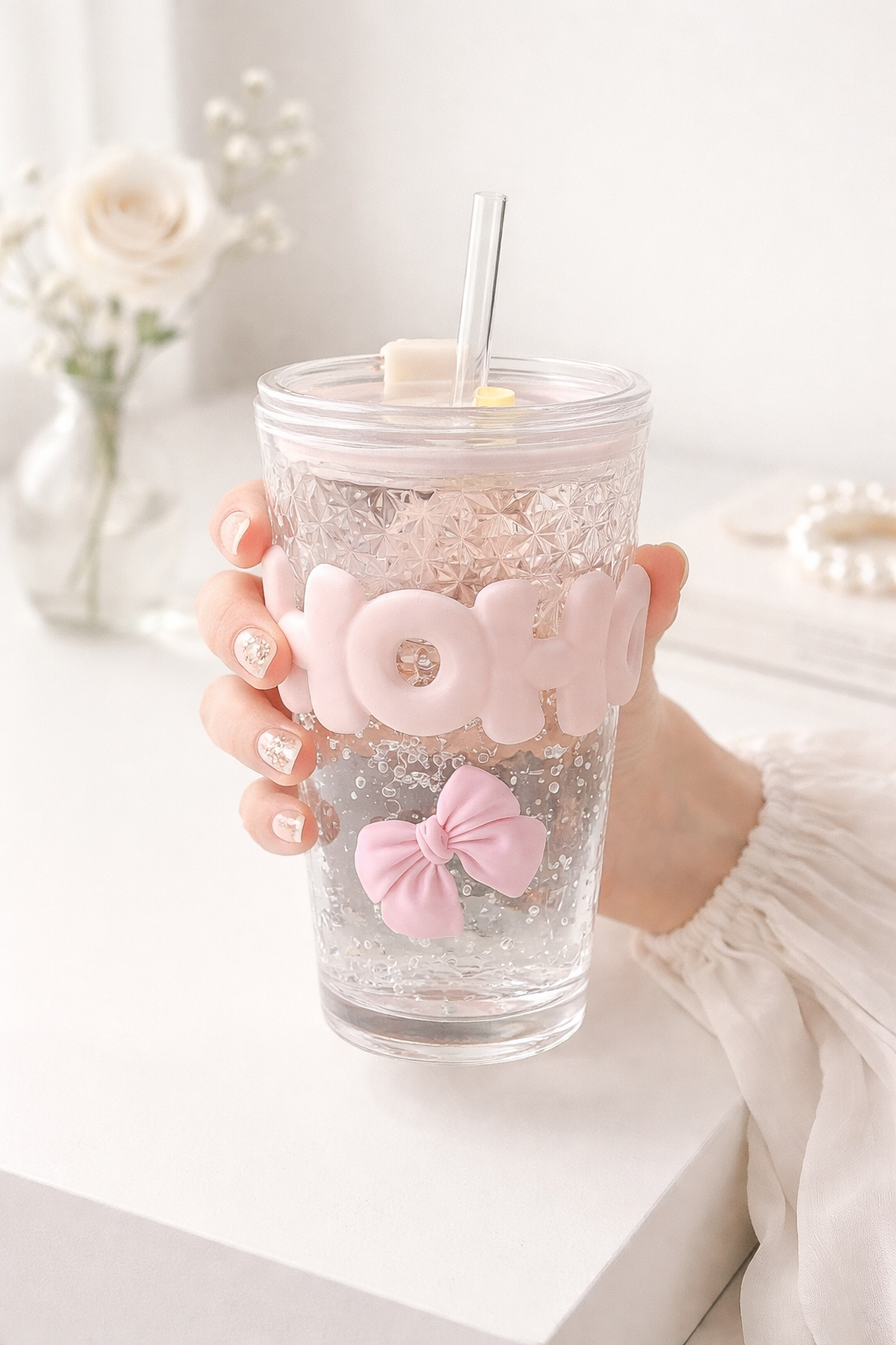 🧋 Glass Mug with Straw & 🎀- 450ml