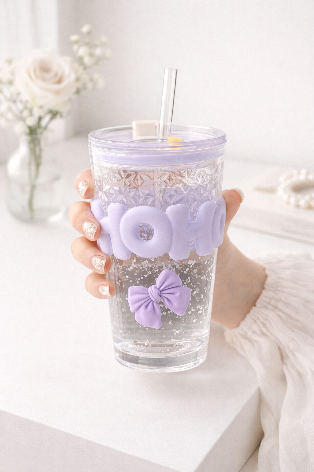 🧋 Glass Mug with Straw & 🎀- 450ml